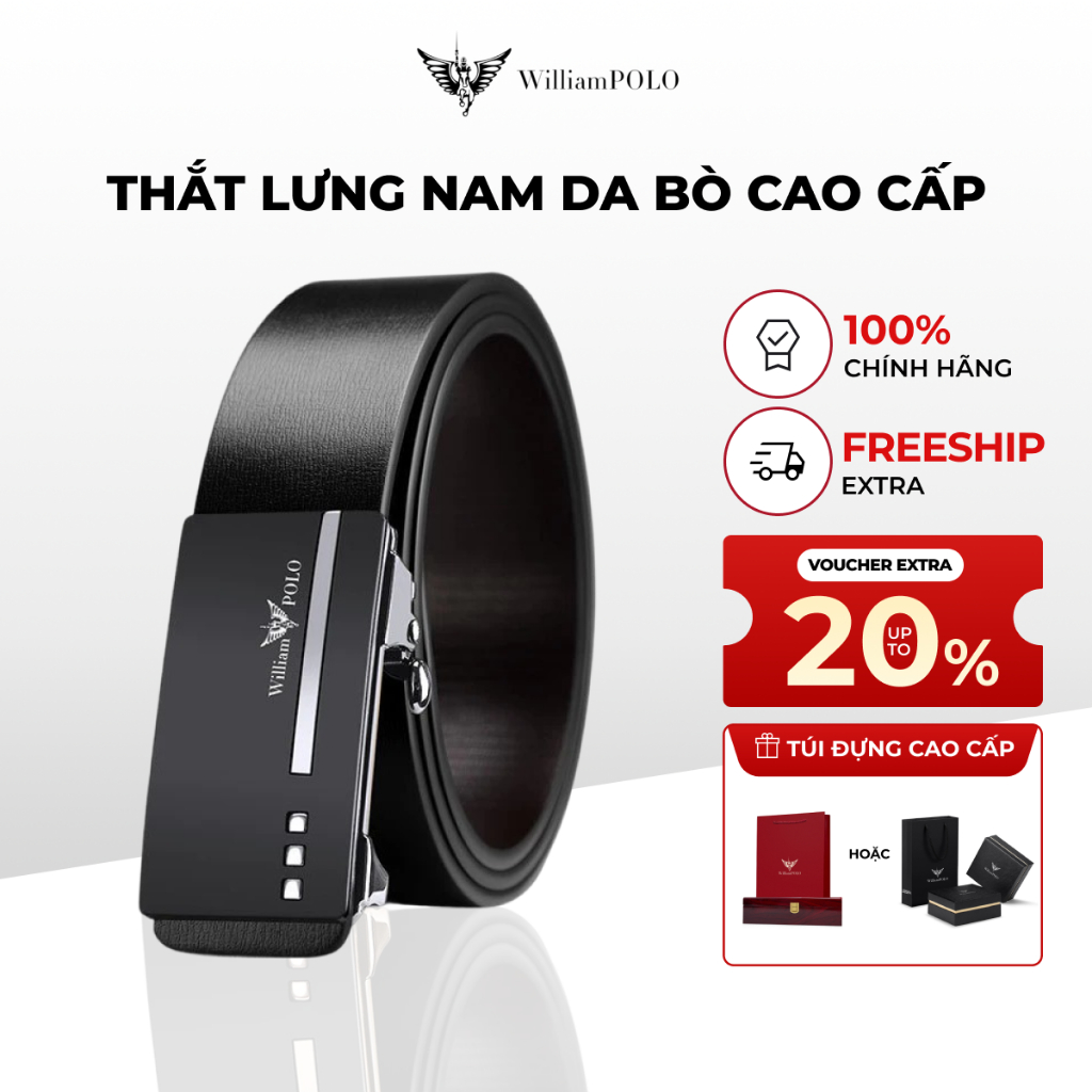 Thắt lưng nam da bò cao cấp Williampolo mặt đen bạc khóa tự động, họa tiết nổi sang trọng