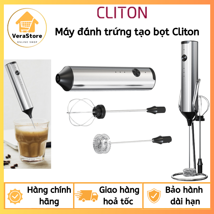 Máy Đánh Trứng Đánh Bọt Cafe Cầm Tay Mini 2 in 1  Cliton, 3 Tốc Độ, Có Giá Đỡ, Sạc Pin Type-C, BH 1 năm