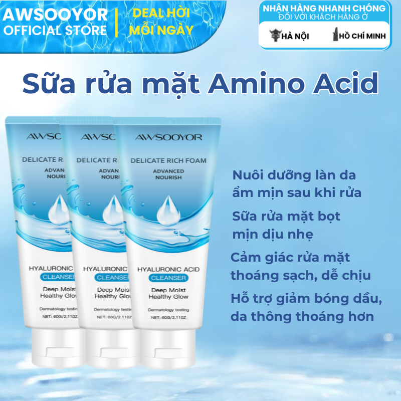 AWSOOYOR Sữa rửa mặt Amino Acid 60g làm sạch dịu nhẹ cho da, dưỡng ẩm cho da, giúp da bớt dầu, phù hợp nhiều loại da