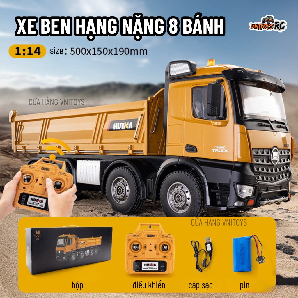 Xe Ben Điều Khiển Từ Xa HUINA 1536 1/14 – Xe Công Trình RC 8 Bánh, Ben Nâng Hạ, Đa Chức Năng
