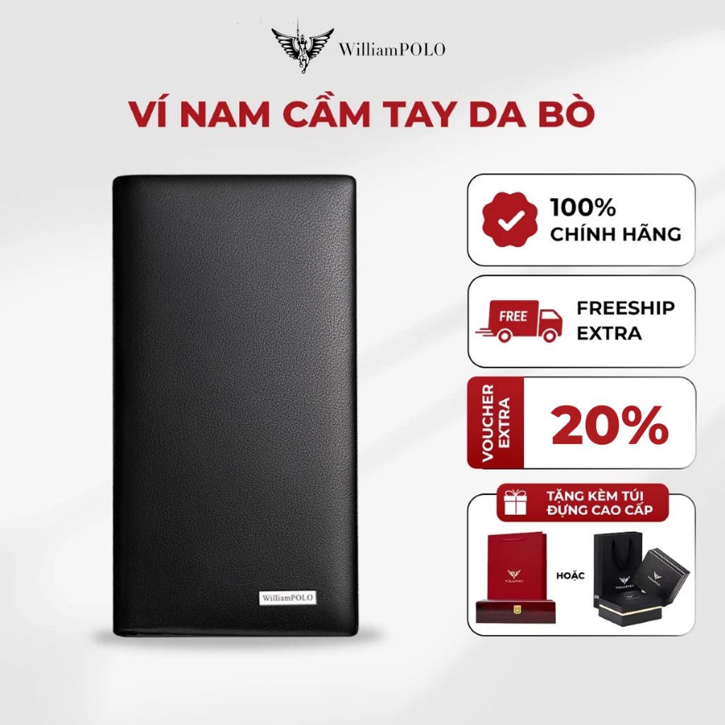 Ví nam cầm tay da bò cao cấp william polo ví form dọc Full túi hộp đựng cao cấp