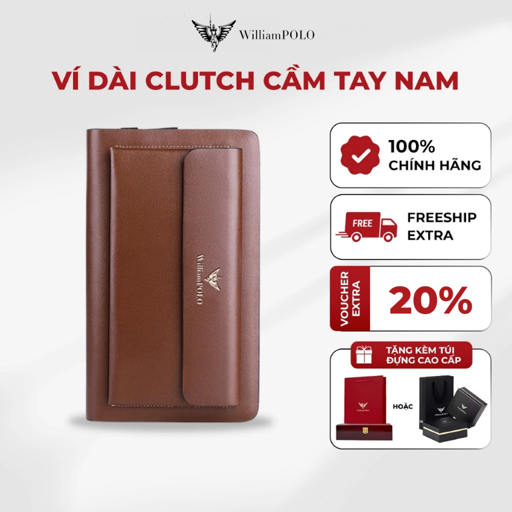 Ví dài Clutch nam da bò cao cấp Williampolo, bóp da nam cầm tay nhiều ngăn tiện lợi POLO162