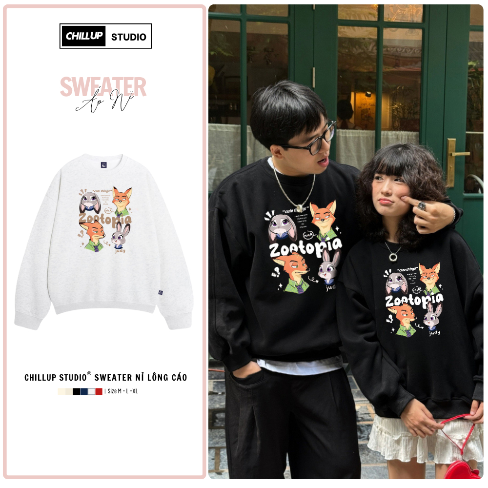 Áo Sweater Couple Nỉ Lông Cáo CHILLUP STUDIO In Hình Thỏ Và Cáo - TC434 Mềm Mịn Unisex Nam Nữ Ấm Áp 