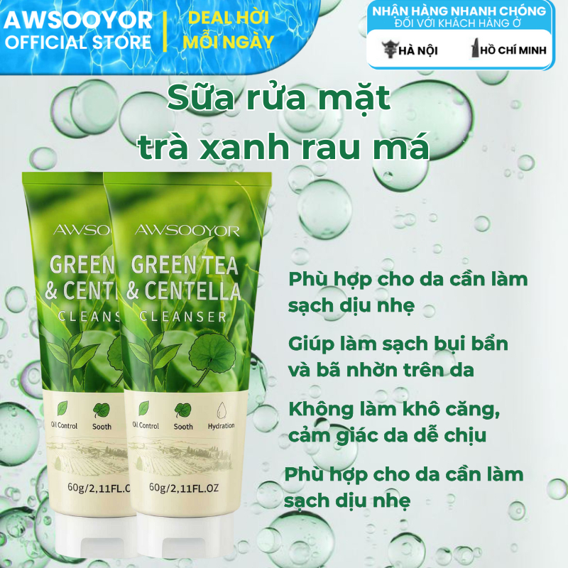 AWSOOYOR Sữa rửa mặt trà xanh rau má 60g làm sạch dịu nhẹ cho da, da vẫn ẩm mịn sau khi rửa, phù hợp nhiều loại da
