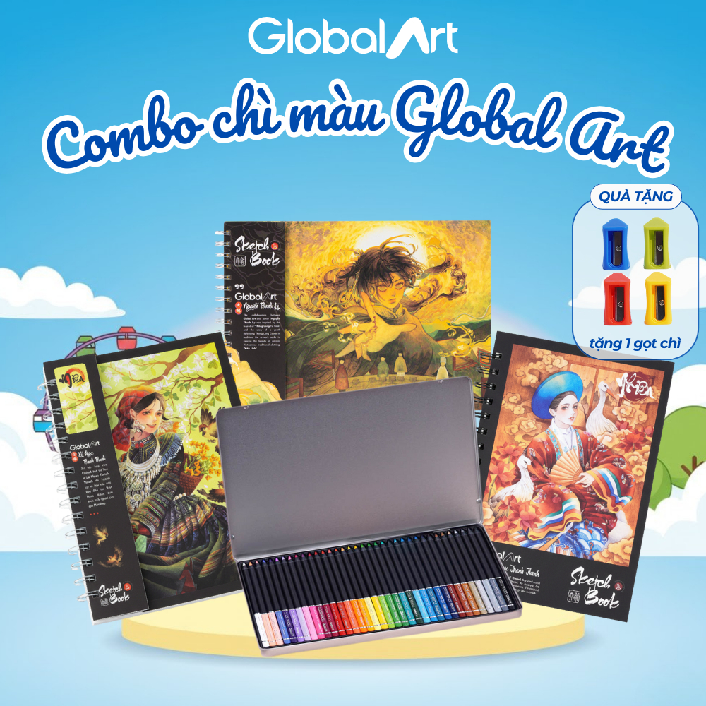 Combo Vẽ Chì Màu Global Art Hộp Chì Màu Gốc Dầu 36 Màu Global Art + Sổ Vẽ Ong Mặt Bự Không Kị Tẩy Mà