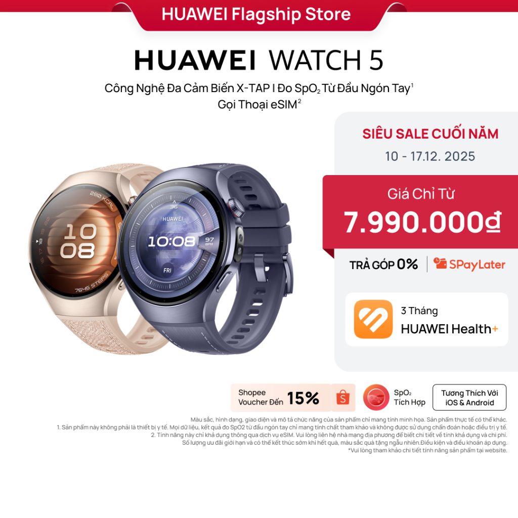 Đồng Hồ Thông Minh HUAWEI WATCH 5 | Công Nghệ Đa Cảm Biến X-TAP | Đo SpO2 Từ Đầu Ngón Tay | Gọi Thoại eSIM | BigBuy360 - bigbuy360.vn