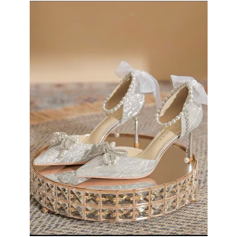 Giày Cao Gót Cưới/Dự Tiệc Nữ JANE SHOES - Đính Kim Tuyến, Ngọc Trai và Nơ Lụa -JANE SHOES Luxury Pea
