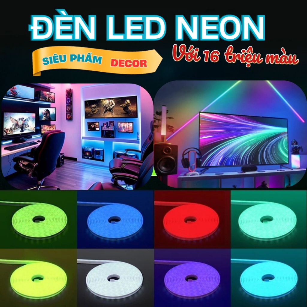 Đèn LED đuổi NEON FLEX, dây LED silicon RGB 16 triệu màu điều khiển qua app và Remote, decor nhà, tr