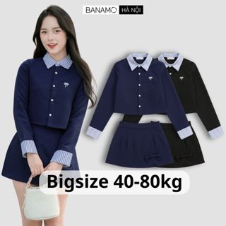  Set đồ nữ BIGSIZE Banamo Hà Nội áo sơ mi dài tay phối cổ kẻ sọc xanh mix chân váy chữ A đính nơ dáng xoè Hàn Quốc 1900 