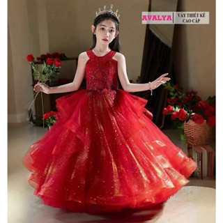  Đầm Công Chúa Đỏ Cố Yếm Dáng Dài  Váy Bé Gái Dự Tiệc Đính Hạt Cao Cấp Avalya- Vip8 size 13kg - 45kg 