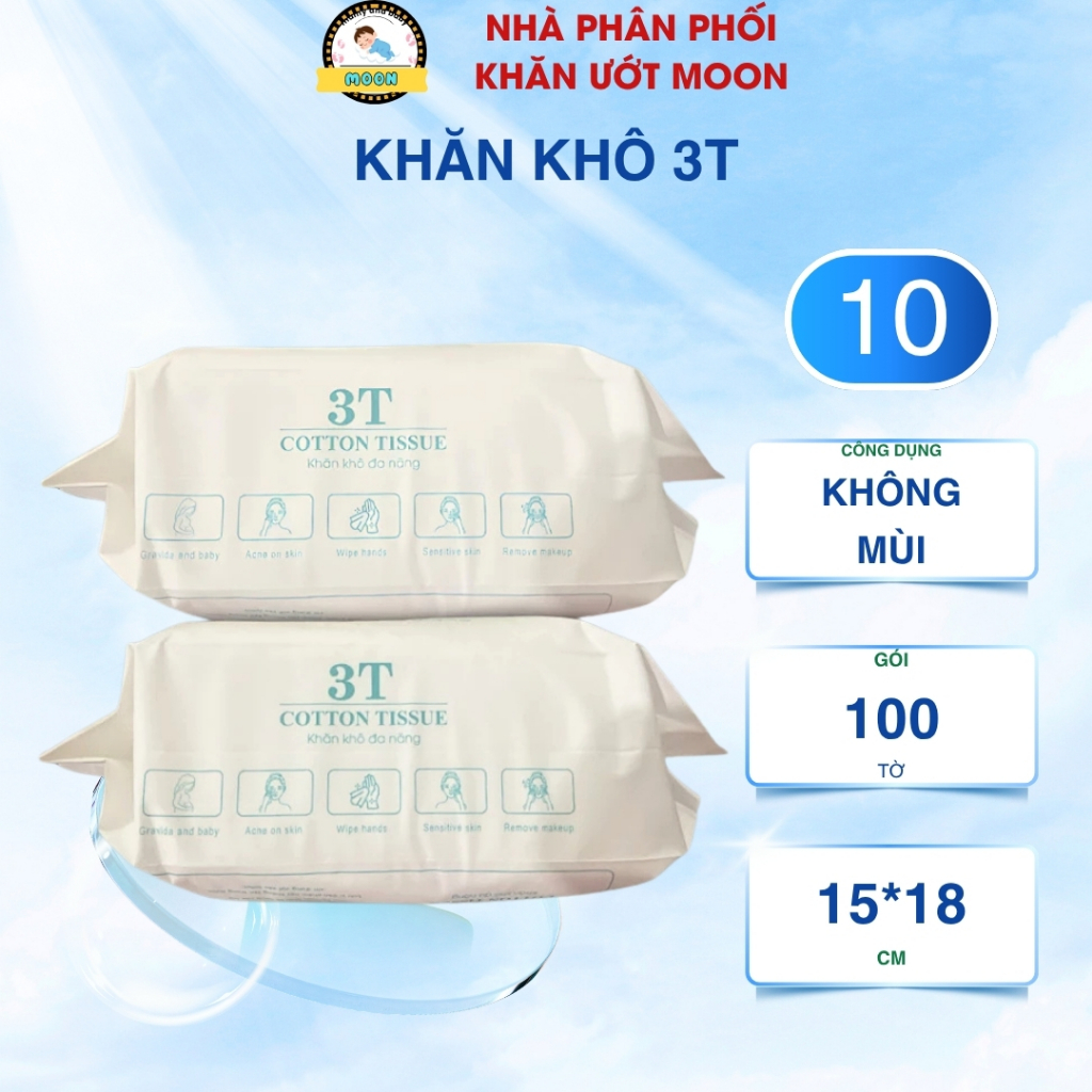 Combo 10 Gói Khăn Khô 3T Pharma , Gói 100 Tờ , siêu mềm , an toàn cho trẻ em và người già ko mùi , k