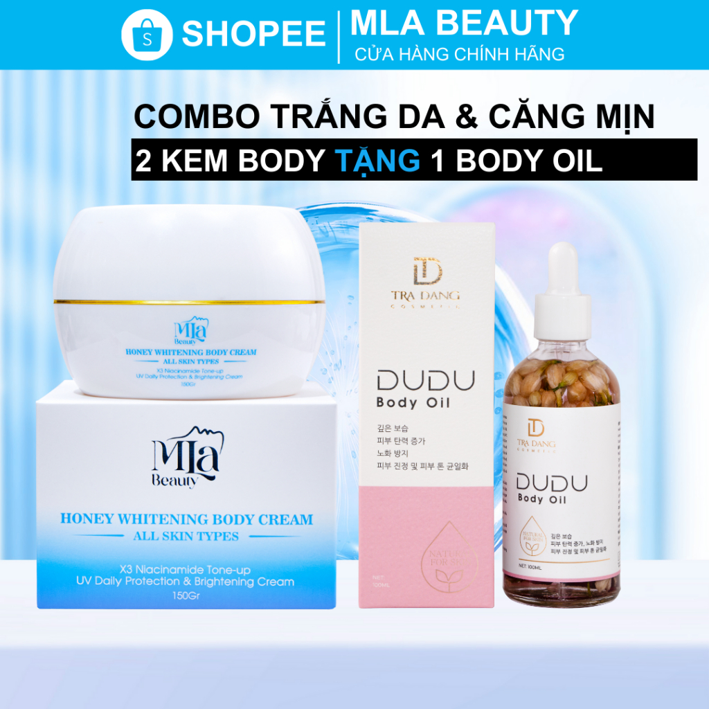 [MUA 2 TẶNG 1] 2 Kem Body Mla Beauty Tặng 1 Body Oil Dưỡng Trắng Căng Bóng Da
