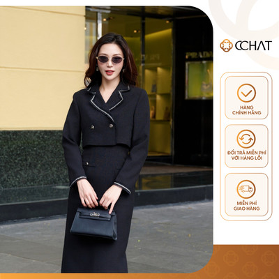 Áo Blazer Nữ 𝐂𝐂𝐇𝐀𝐓 Kiểu Cổ 2 Ve Đề Dây Dáng Suông Chất Dạ Tweed Cao Cấp 23EHZ8006ST