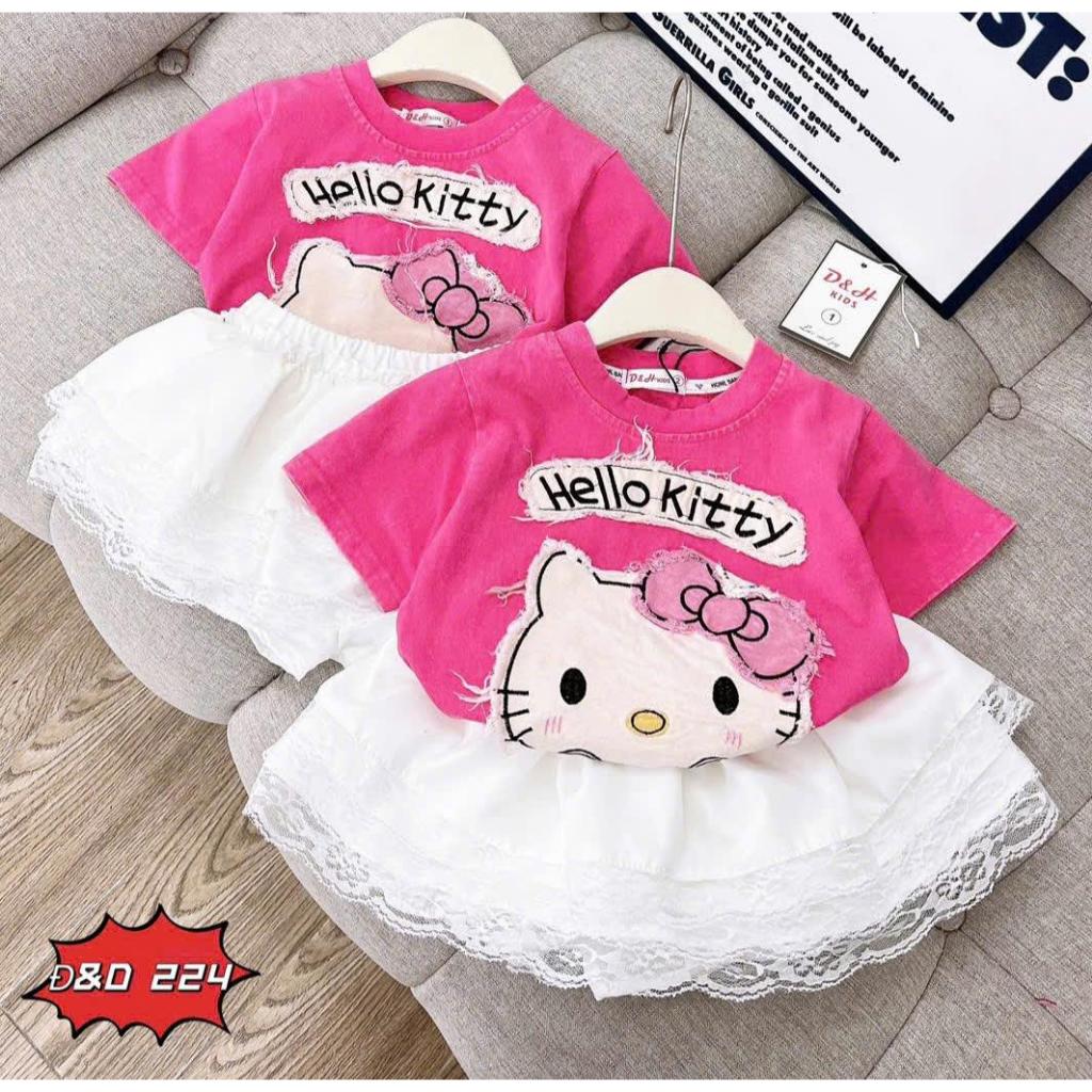 [MeoKids] D9S - Set Bộ Chân Váy 3 Tầng Phối Ren Kèm Áo Mèo Hồng Dễ Thương Chất Cotton Loang Xịn