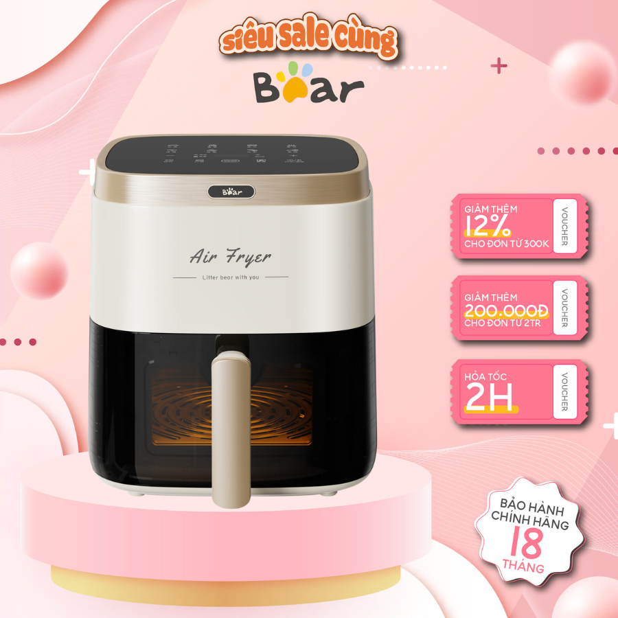 Nồi Chiên Không Dầu 5L Bear AF-4H15L (QZG-P15R8) -1500W- 7 món cài đặt sẵn- Hẹn giờ - BH 18 Tháng