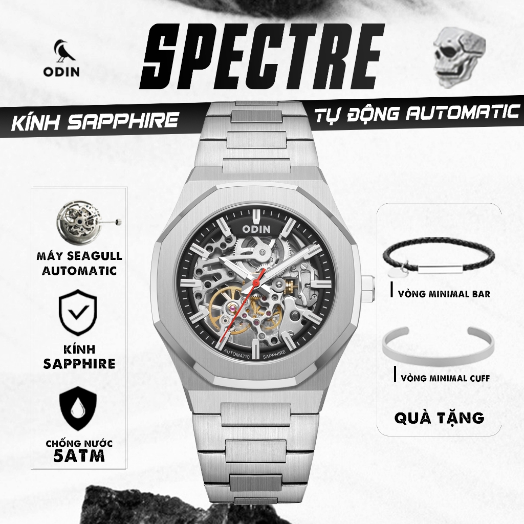 Đồng hồ ODIN Spectre Automatic-Máy Cơ Full Tự Động Seagull-Kính Sapphire-Chống nước 5ATM-Lộ cơ Skele