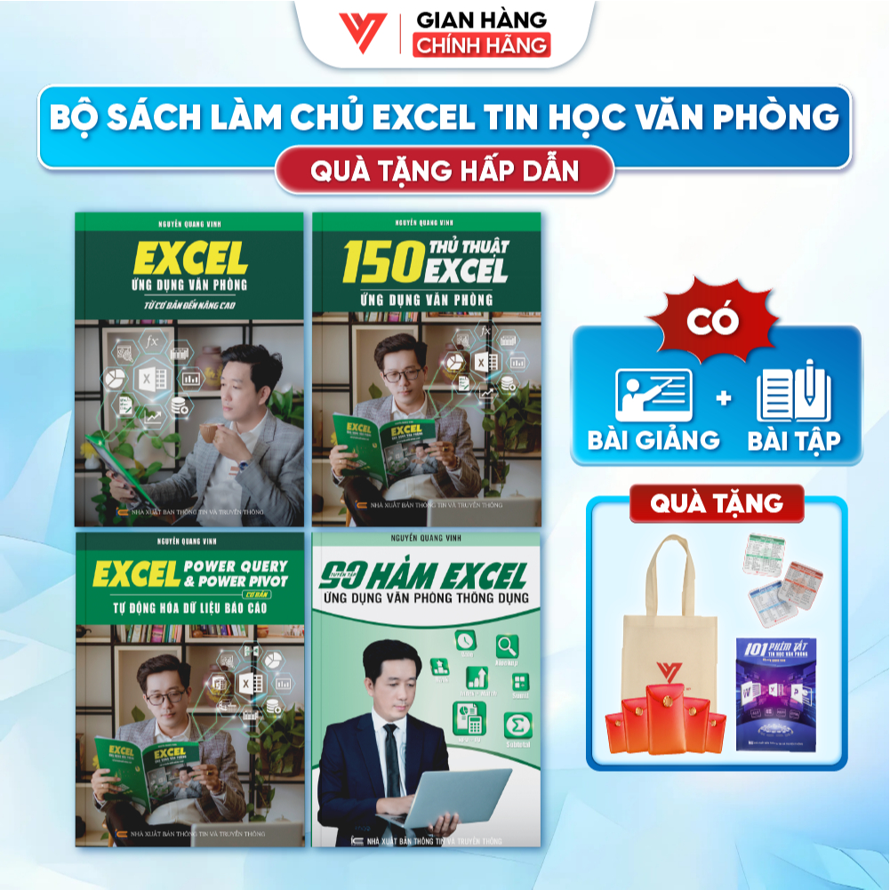 Bộ 4 Sách 150 Thủ Thuật - Sách Excel - Power Query - 90 Hàm Tin Học Văn Phòng Có Video + Bài Tập Thự