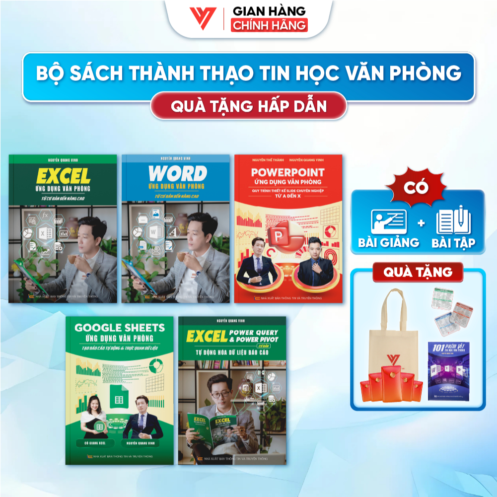 Bộ 5 Sách Word - Excel - Power Point - Google Sheet - Power Query Tin Học Văn Phòng Có Video + Bài T