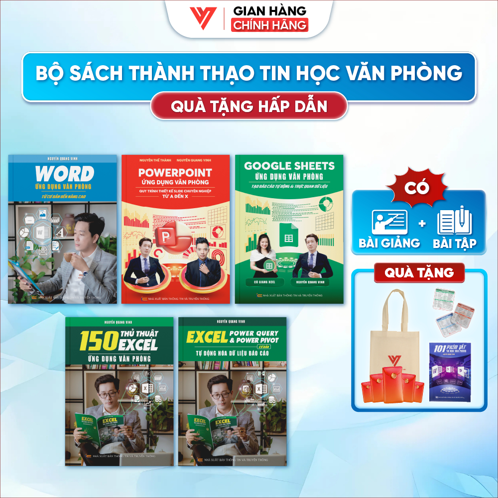 Bộ 5 Sách Google Sheet - Word - Power Point - 150 Thủ Thuật - Power Query Tin Học Văn Phòng Có Video