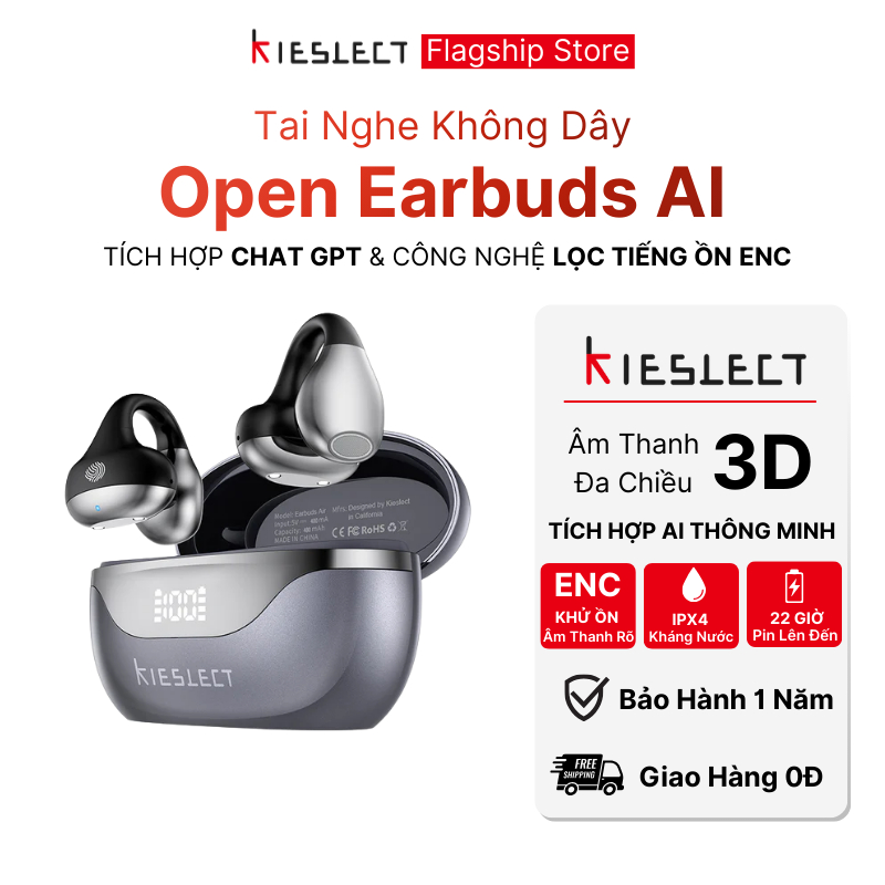 Tai nghe Bluetooth Kieslect Earbuds Open AI I Dịch thuật >150 ngôn ngữ I Khử tiếng ồn I Kháng nước I