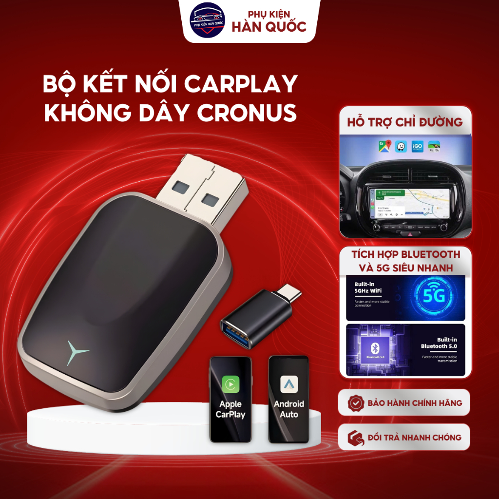 Bộ kết nối Carplay không dây Cronus, Apple Carplay & Android Auto, WIFI6+Bluetooth 5.4 BH 6 tháng