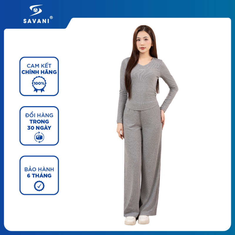 Bộ Đồ Thu Đông SAVANI Chất Cotton Mềm Mịn, Thiết Kế Cổ Tim, Có Hình Thêu Trước Ngực WBDC036W5