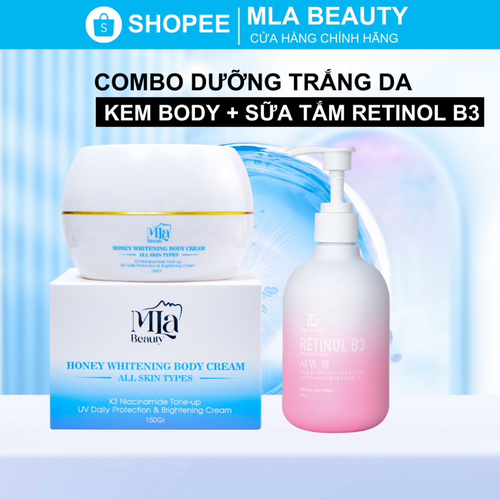 COMBO 1 Kem Body 1 Sữa Tắm Retinol B3 - Dưỡng Trắng Sáng Da Mla Beauty