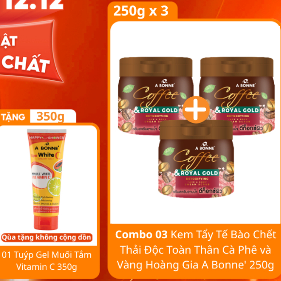  Combo 03 Kem Tẩy Tế Bào Chết Thải Độc Cà Phê và Vàng A Bonne 250g x3 Tặng 1 Tuýp Muối Tắm 350g 