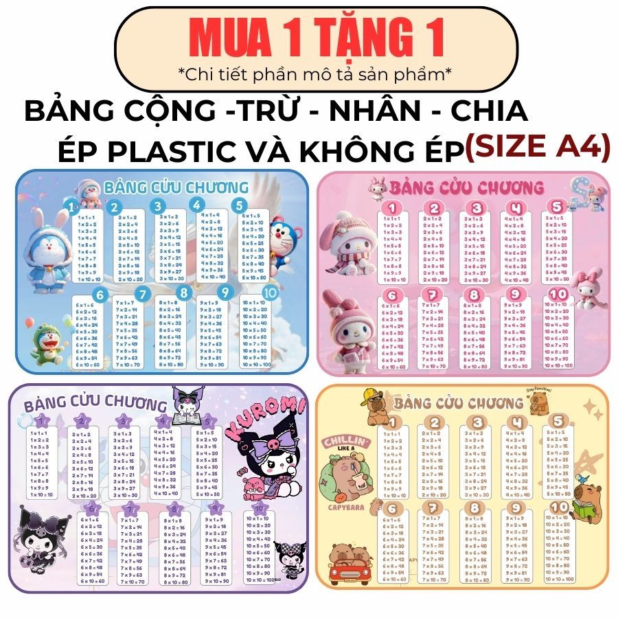 [A4 PLASTIC - mua 1 tặng 1]BẢNG CỘNG, TRỪ, NHÂN, CHIA ÉP PLASTIC  (A4) cho bé, hỗ trợ học tập, kế ho