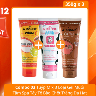 COMBO 03 Tuýp Mix 3 Loại Gel Muối Tắm Spa Tẩy Tế Bào Chết Trắng Da Hạt Siêu Mịn A Bonne' 350g x3