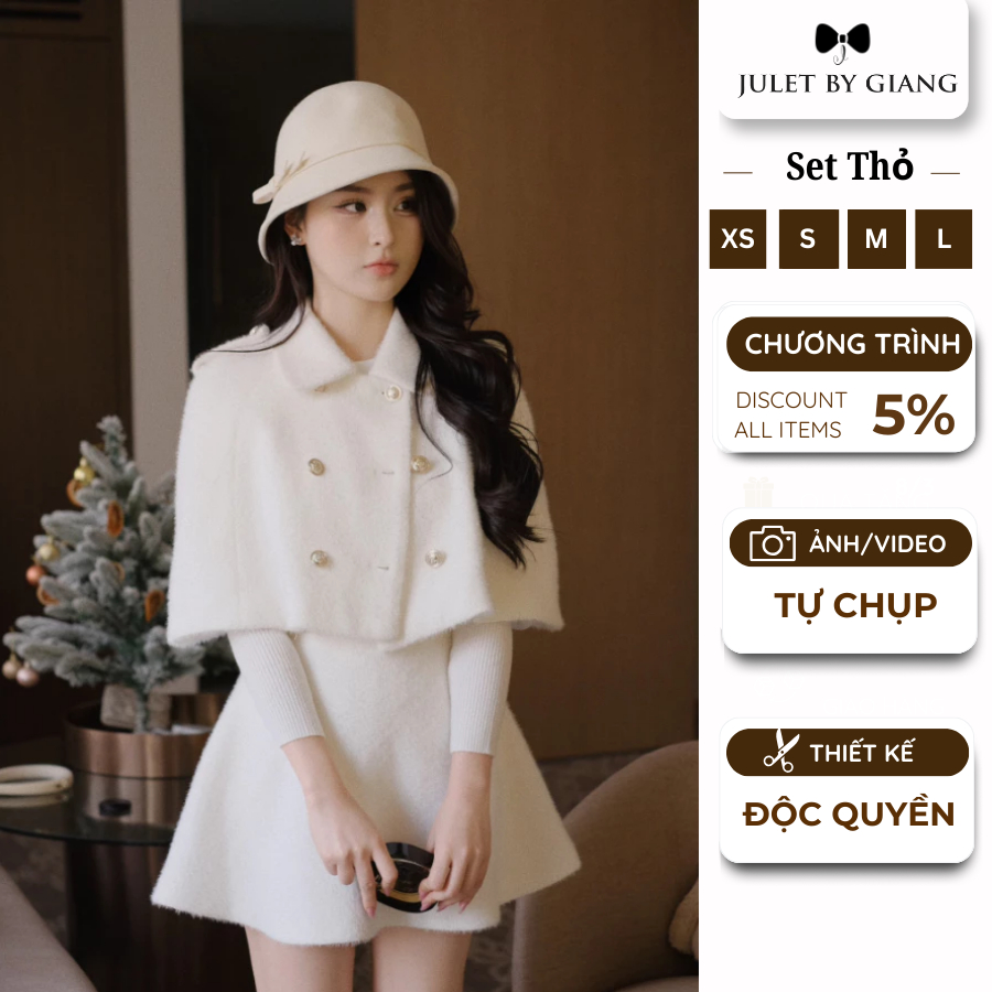   JULETBYGIANG  Set áo khoác dạ và chân váy dạ thỏ trắng thiết kế phong cách tiểu thư thanh lịch 