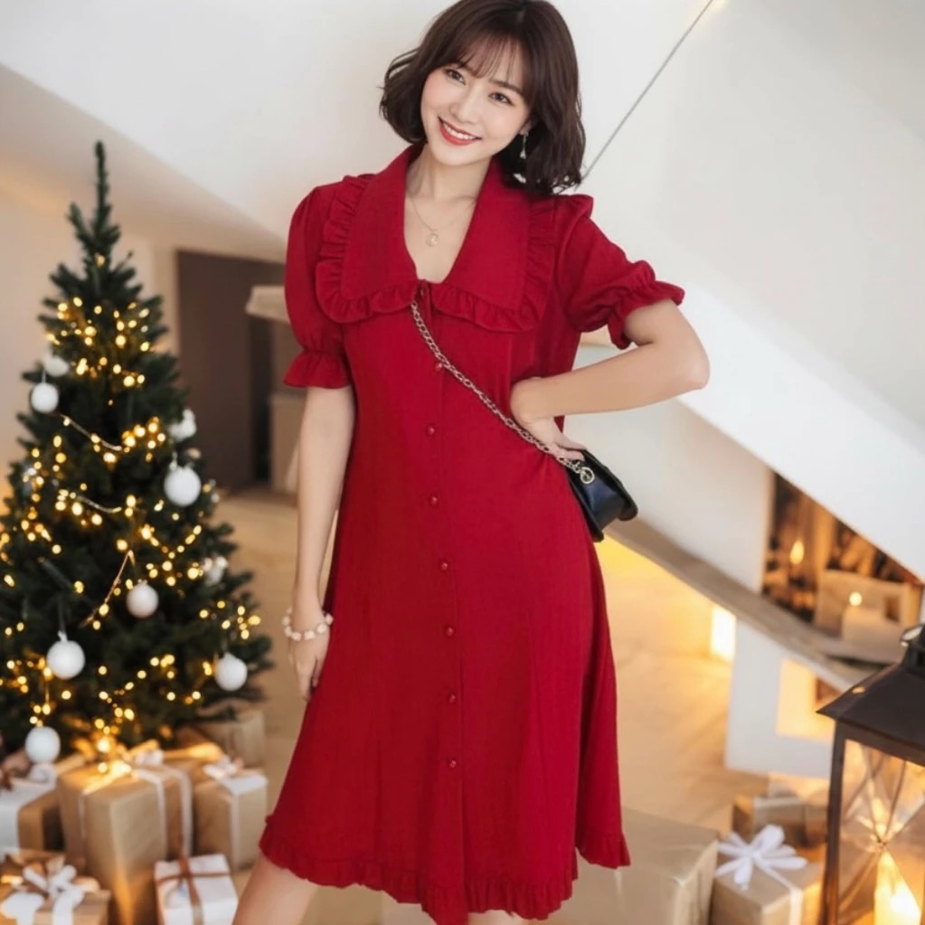 Đầm váy freesize đỏ suông cổ bèo nút bọc