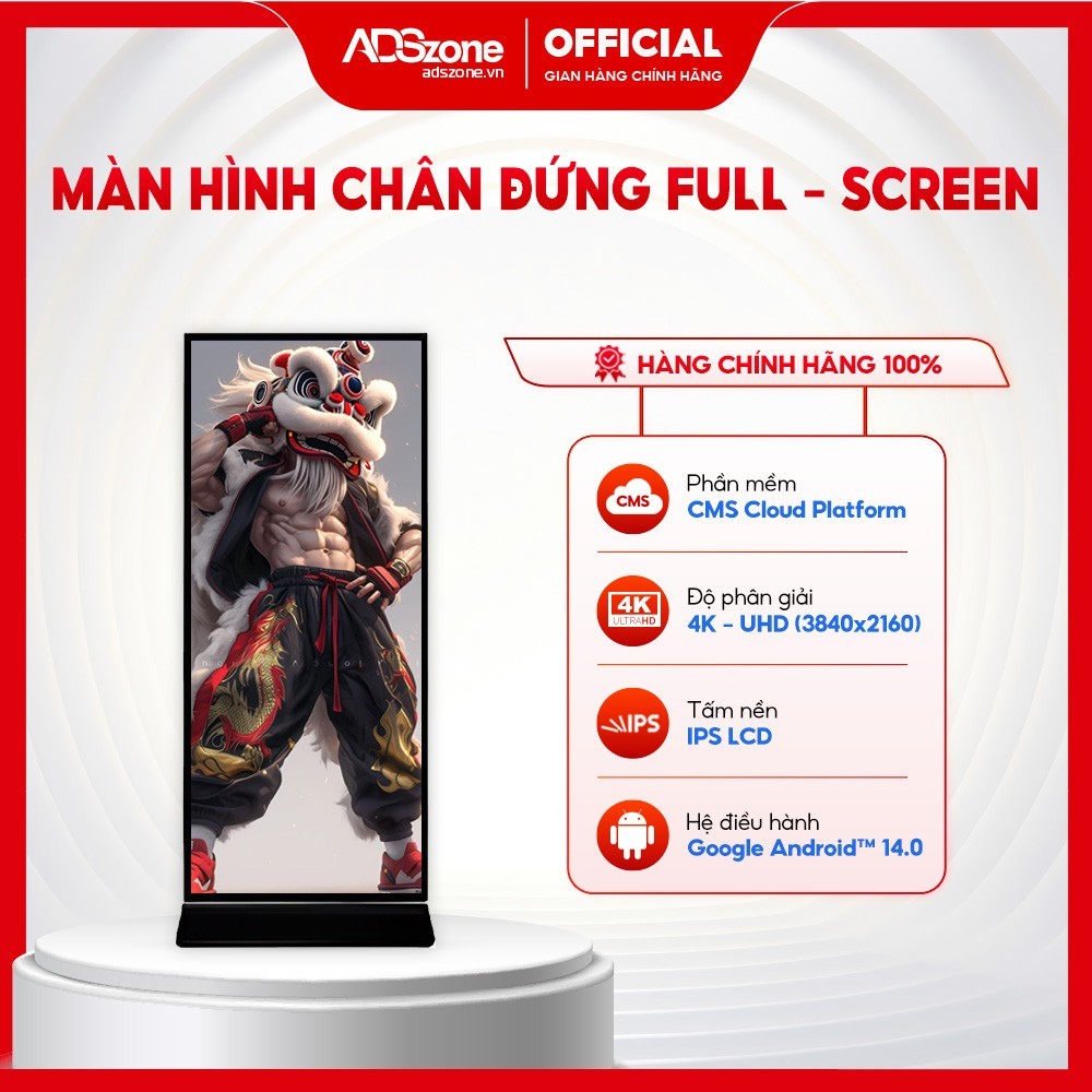 Màn Hình Quảng Cáo Chân Đứng Full-Screen 4K - Viền Siêu Mỏng, Android 14, Panel LG IPS - ADSzone