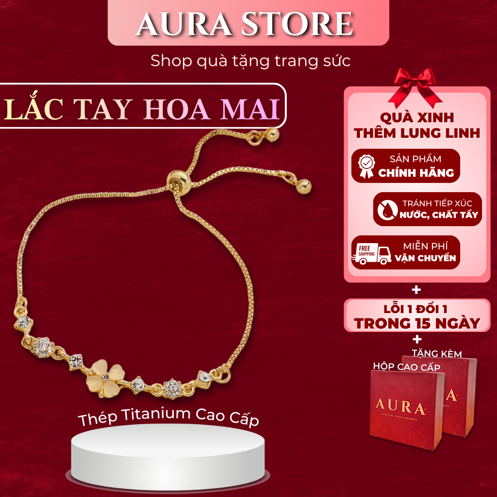 Lắc Tay Hoa Mai Vàng AURA STORE Titan Cao Cấp – Trang Sức Nữ, Quà Tặng Bạn Gái Kèm Hộp Sang Trọng | 