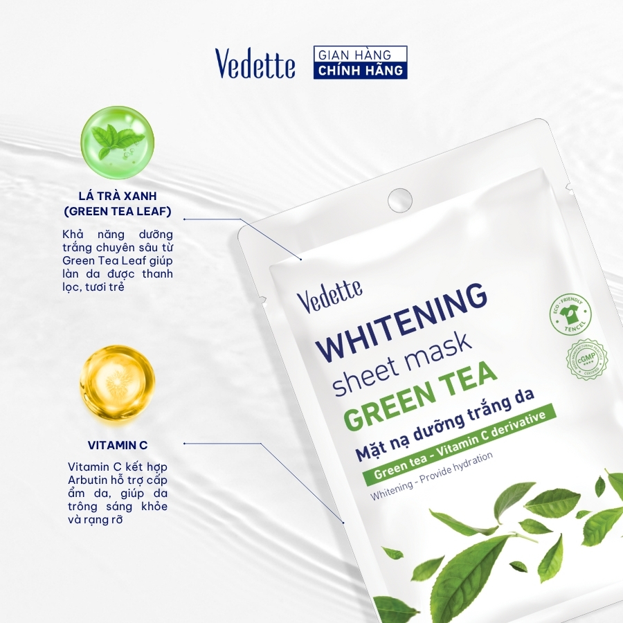 Mặt nạ giấy trắng da Vedette Trà Xanh 22ml dưỡng trắng, cấp ẩm, giúp da sáng khỏe và tươi trẻ