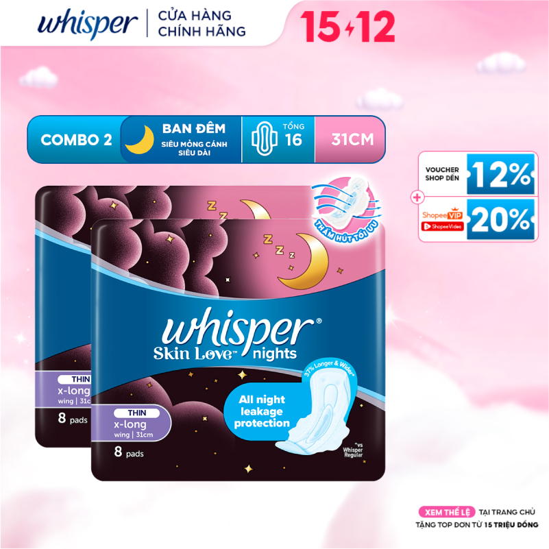   V  -  Combo 2 gói Băng Vệ Sinh WHISPER Skin Love 31CM Dành Cho Ban Đêm Gói 8 Miếng 