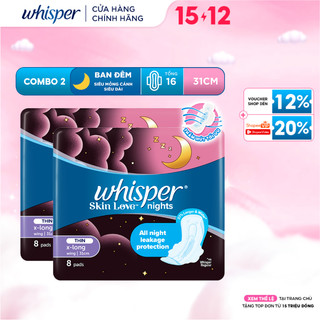   V  -  Combo 2 gói Băng Vệ Sinh WHISPER Skin Love 31CM Dành Cho Ban Đêm Gói 8 Miếng 