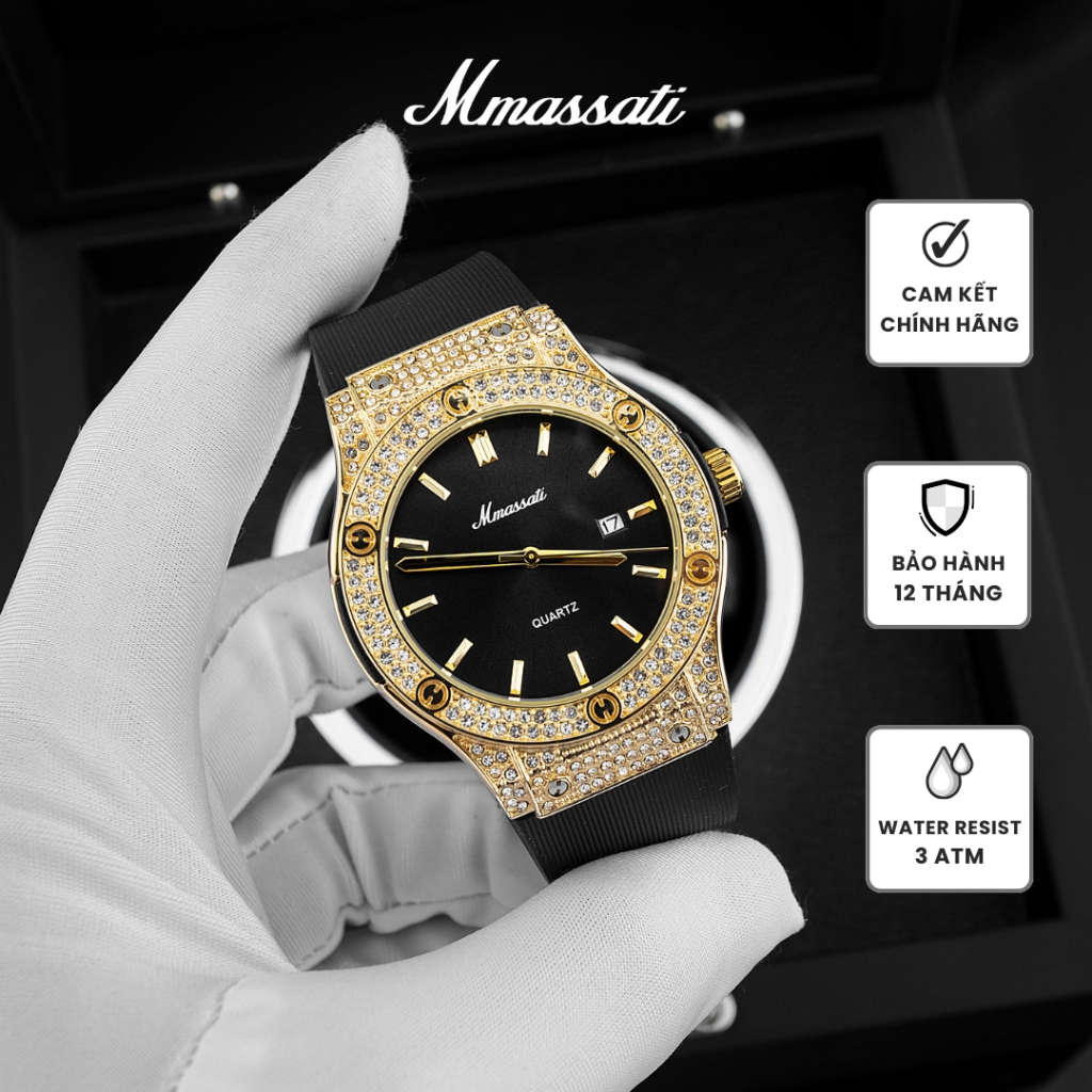 N286 Vàng – Đồng Hồ Nam Mmassati Mặt Nâu Đính Đá Sang Trọng, Viền Vàng Lấp Lánh, Dây Silicone, Máy P