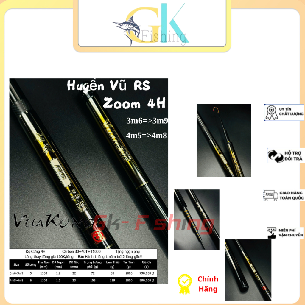 Cần Câu Tay Vua Kong Huyền Vũ RS độ cứng 4H Bản Zoom 3m6=> 3m9, 4m5=> 4m8 (chính hãng)