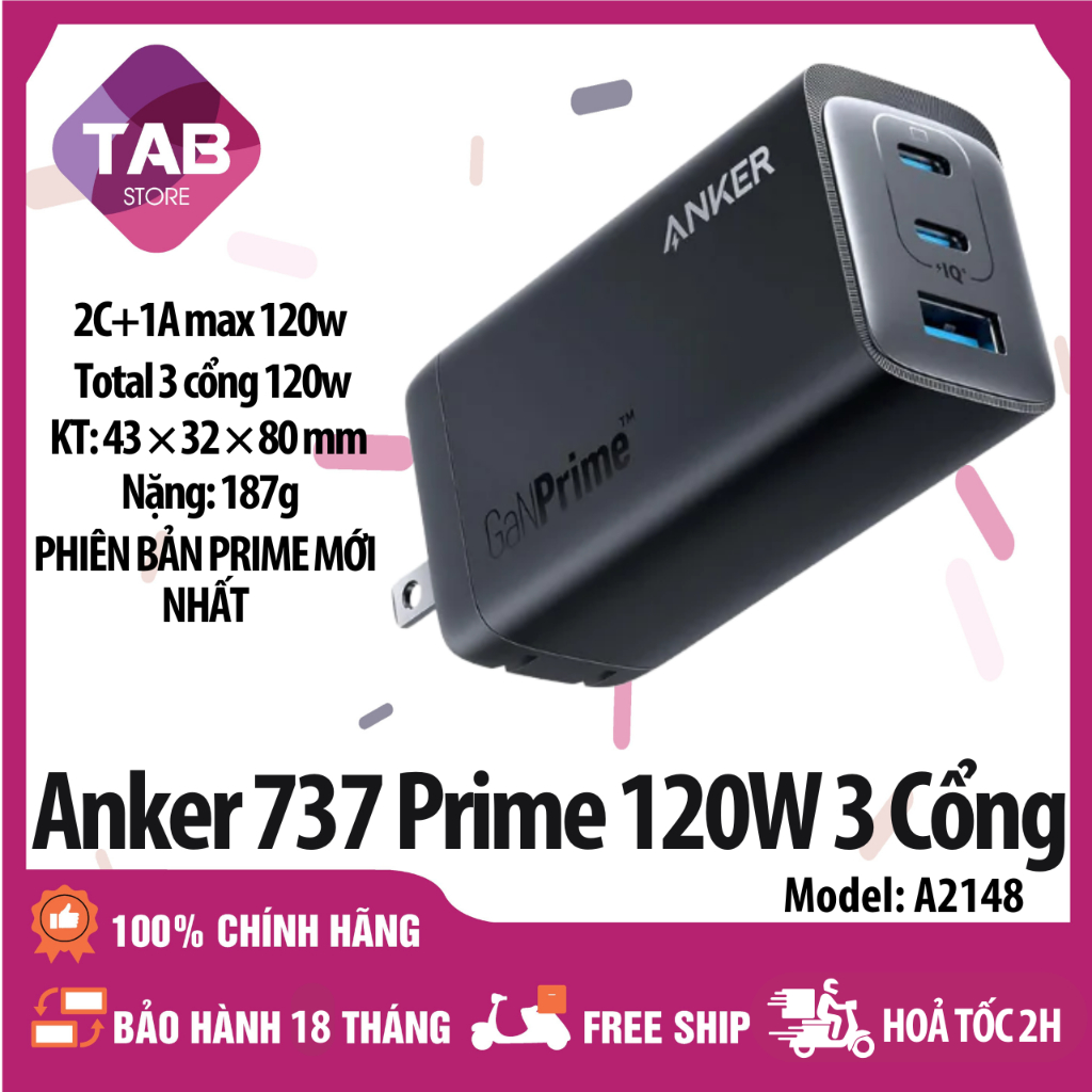 Sạc Anker 737 120w [Gan Prime] IQ4.0 2C+1A A2148 - Bảo Hành 18 Tháng