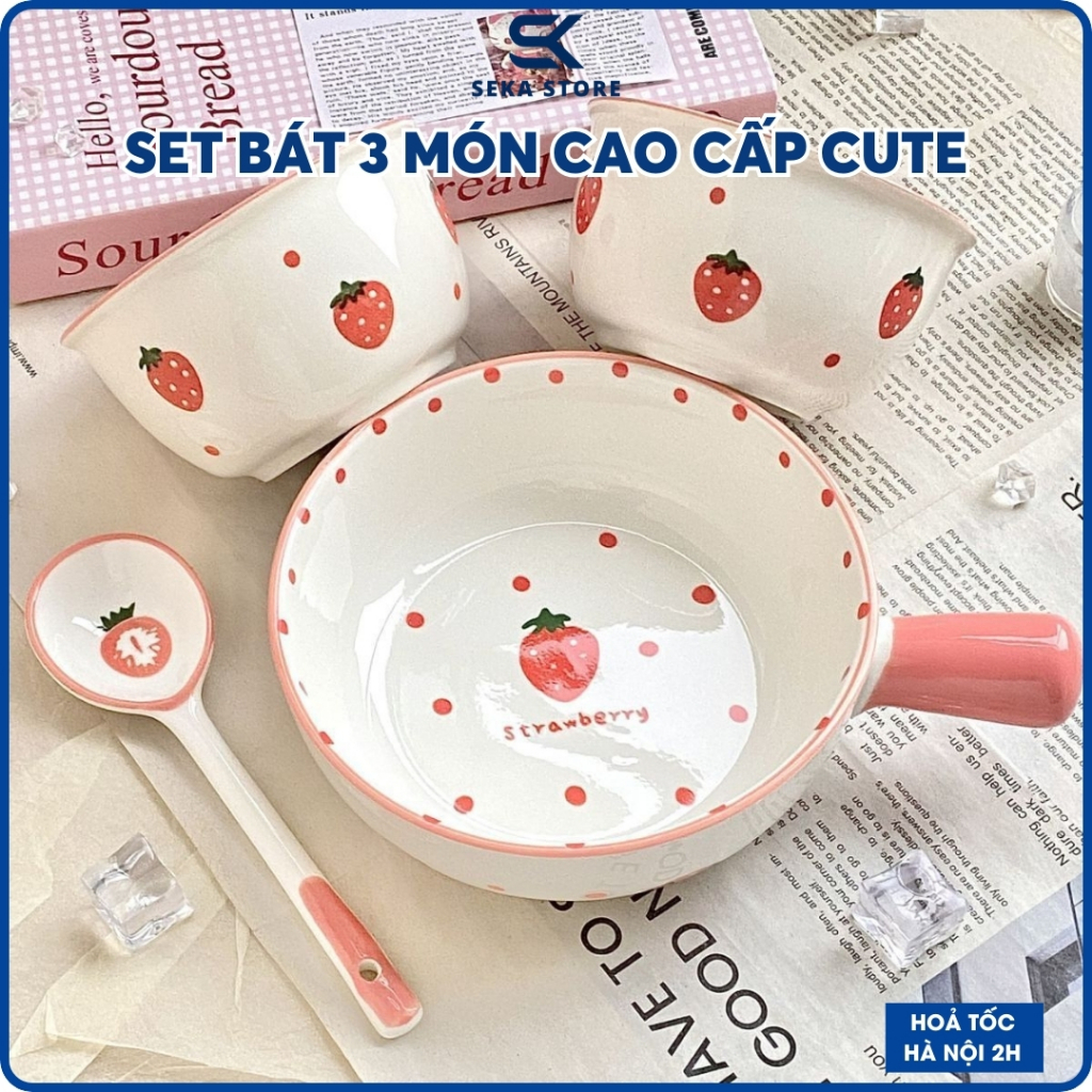 Set Bát Sứ Có Tay Cầm 3 Món Hình Quả Dâu, Nơ, Quả Bơ, Gấu Cute