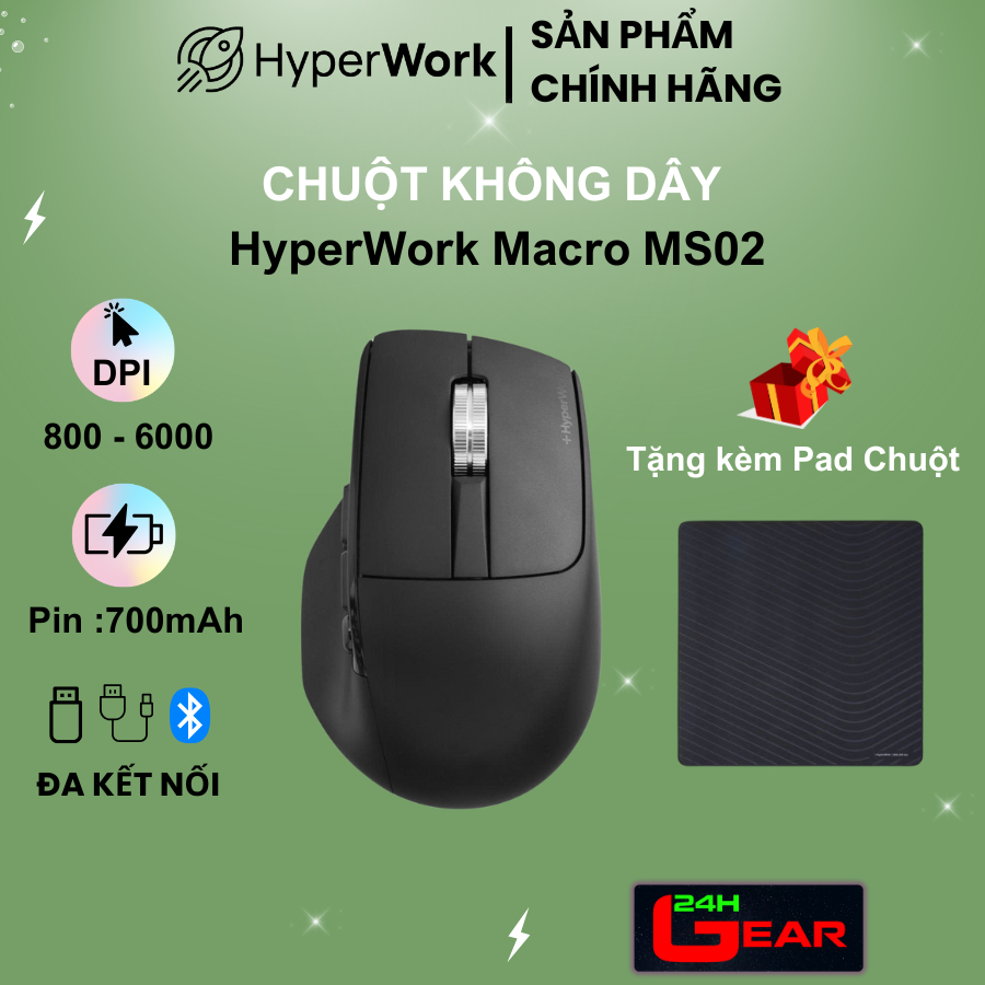 Chuột không dây Hyperwork MS02 Macro Pin sạc 700mAh (3 Mode / DPI 800-6000)