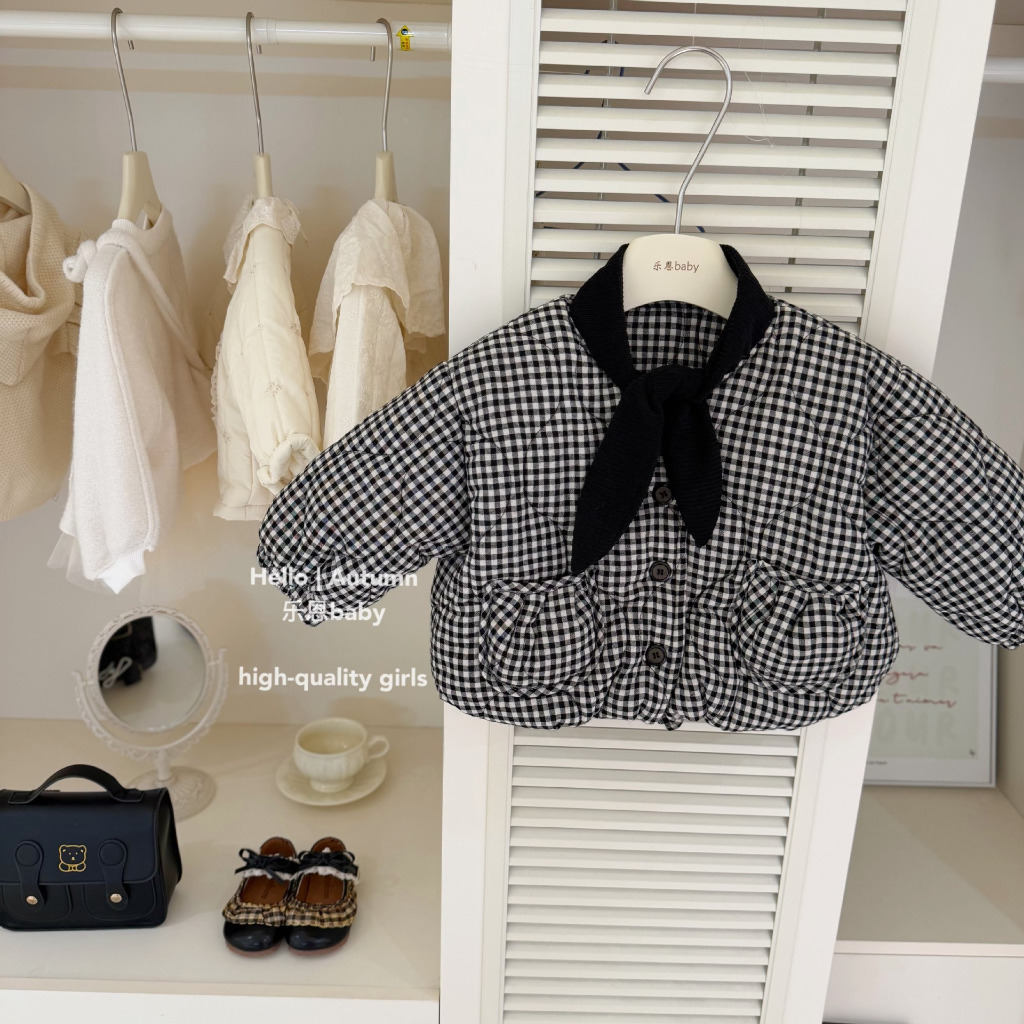 (Hàng QC)Aó khoác kẻ caro cổ mix khăn form bí ngô siêu dày dặn cá tính cho bé gái C2