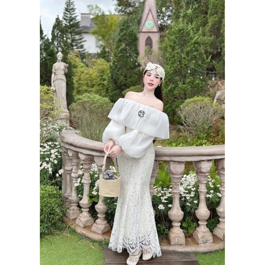 Hion Store - (BIGSIZE) Set áo trắng tay phồng trễ vai kèm tag hoa + cv ren đuôi cá ( HÀNG LOẠI 1 CÓ 