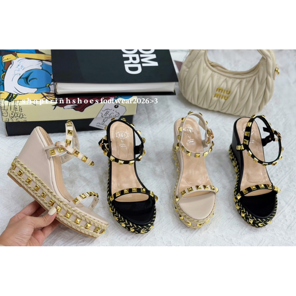 Giày sandal nữ đế xuồng quai hậu đinh tán cao 10phân QC fullbox