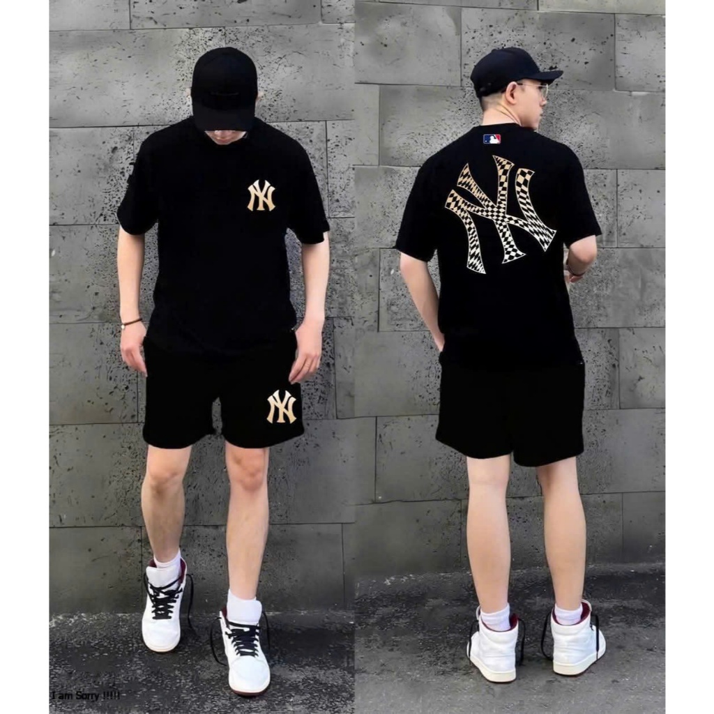 Set Bộ Nam Nữ MLB Áo Thun Quần Short Form Rộng In Kĩ Thuật Số