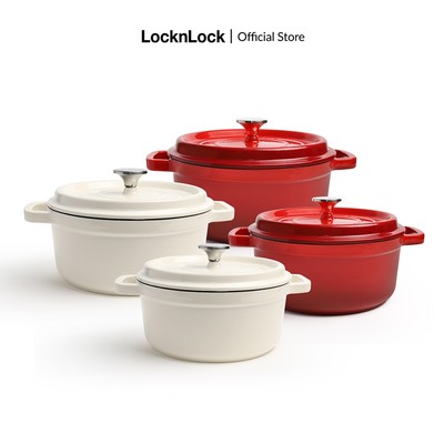 Nồi gang nguyên khối 2 tay cầm LocknLock Iron Casserole có nắp, tráng men dùng được bếp từ