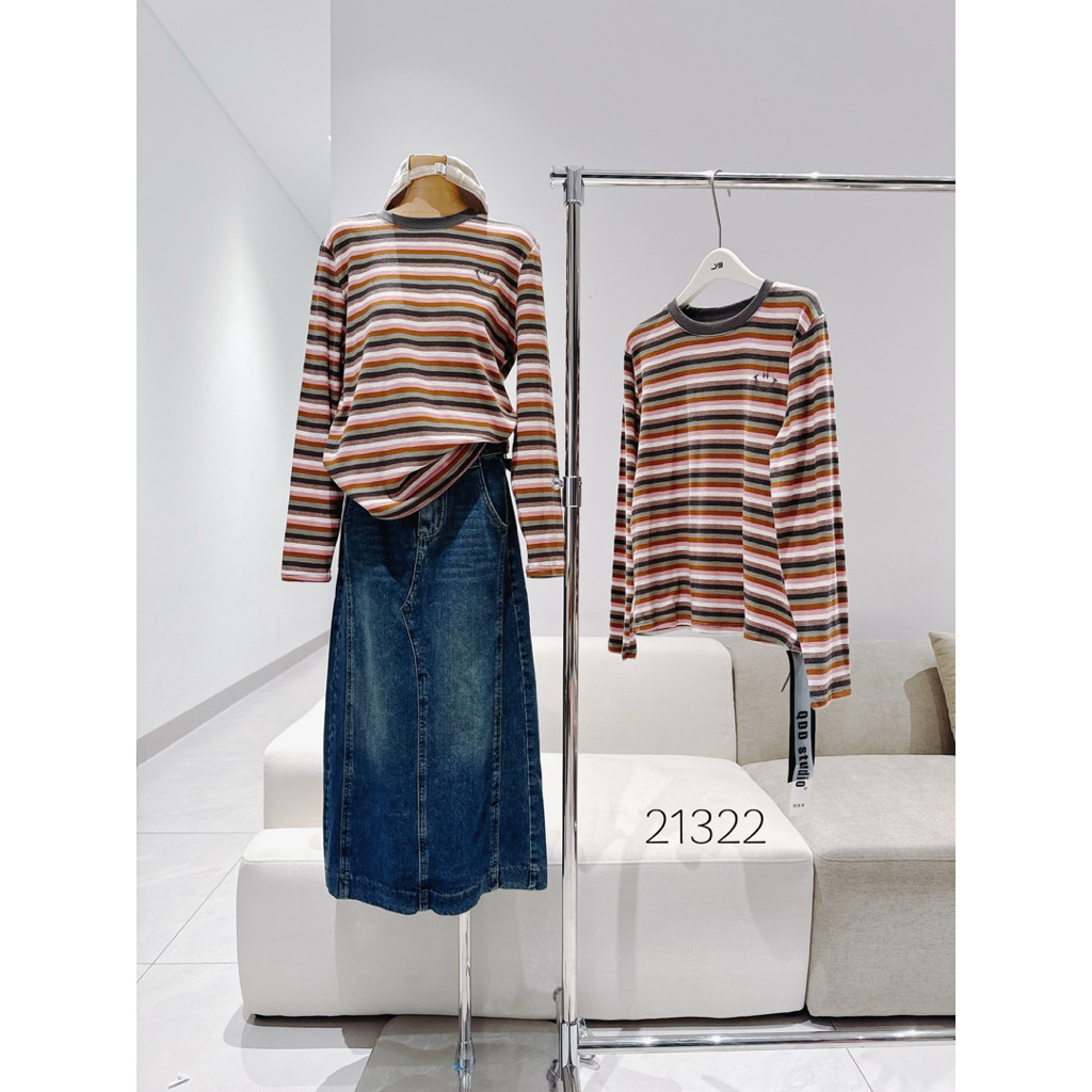 Áo thun tay dài kẻ 21322 - thêu mặt cười - freesz 40-65kg / vải co dãn