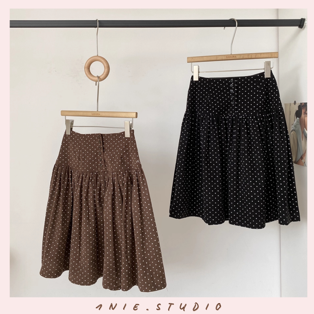 𝟏𝐍𝐈𝐄.𝐒𝐓𝐔𝐃𝐈𝐎 | Chân Váy Midi Nhung Kẻ Chấm Bi Cạp Cao - Phong Cách Hàn Quốc Cổ Điển, Trẻ Trung & Đa Năng Thu Đông