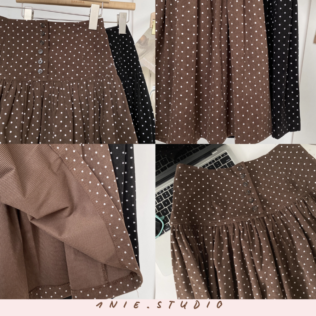 𝟏𝐍𝐈𝐄.𝐒𝐓𝐔𝐃𝐈𝐎 | Chân Váy Midi Nhung Kẻ Chấm Bi Cạp Cao - Phong Cách Hàn Quốc Cổ Điển, Trẻ Trung & Đa Năng Thu Đông | BigBuy360 - bigbuy360.vn